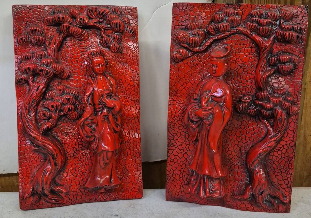 Pair Red Asian Relief Panels 8x13