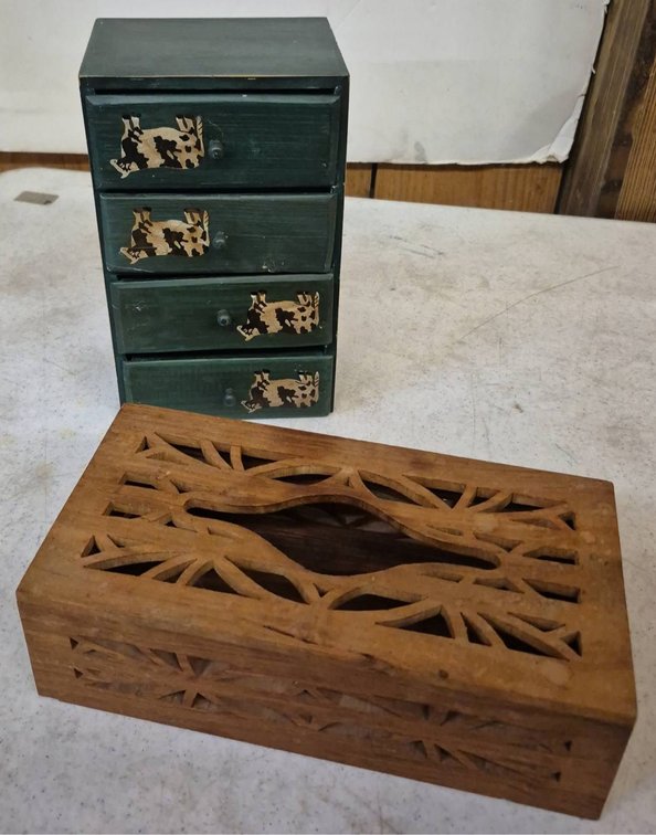 Wood Mini Drawer Chest & Carved Tissue Box