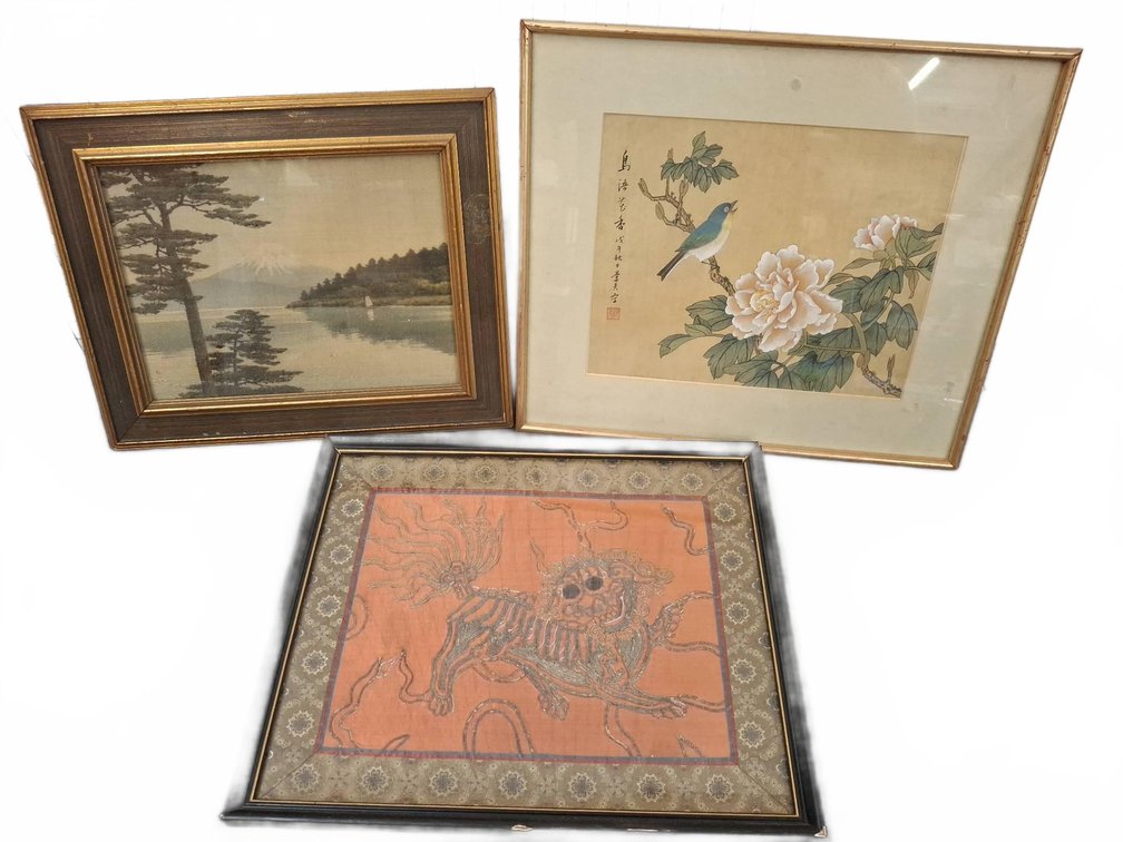 Framed Asian Textile and Art Prints, Largest 17"×15"