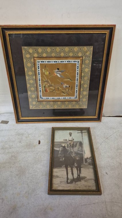 Framed Bird Print & Vintage Horseback Photo
