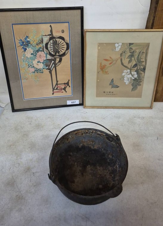 Framed Asian Art Prints & Cast Iron Pot