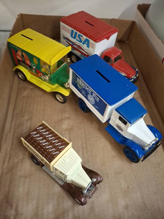 4 Vintage Tin Litho Truck Coin Banks