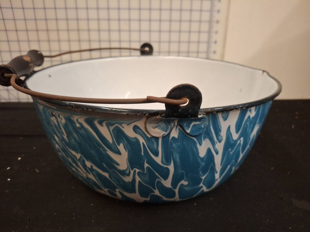 Blue and White Enamelware Bowl with Handle 13"