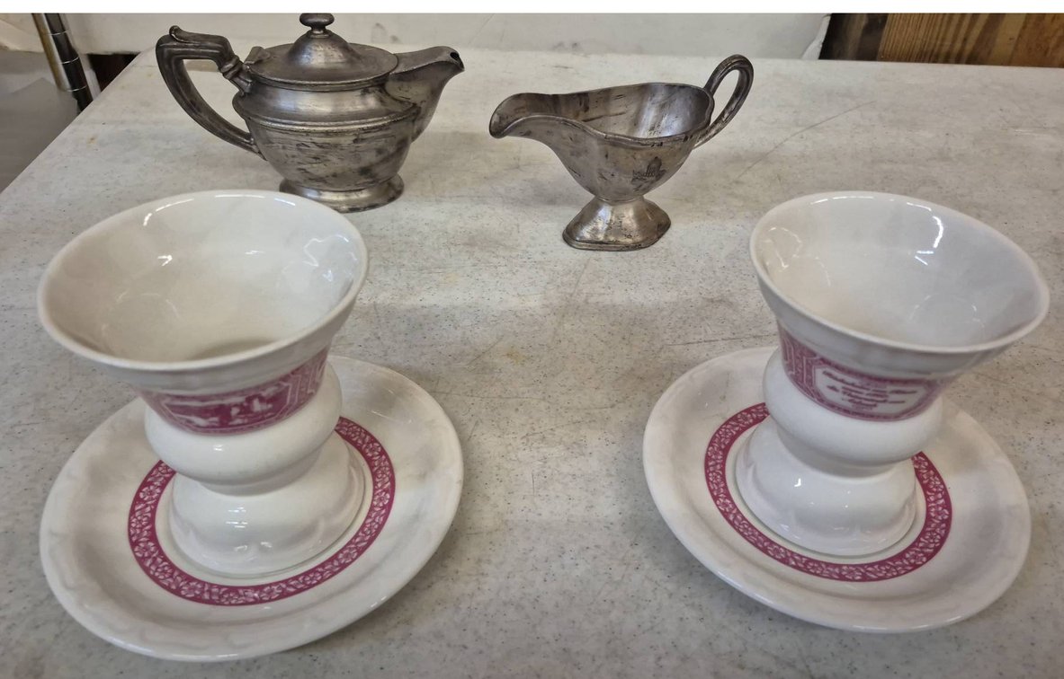 Isbach China Cups & Saucers With Gorham Creamer