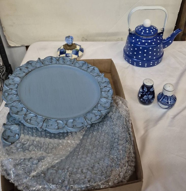 Blue Decorative Plates, Teapot, Snowman Jars Lot