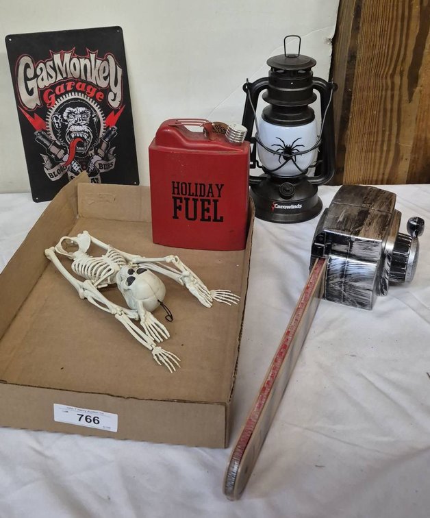 Halloween Decor Lot With Lantern, Sign, Skeleton