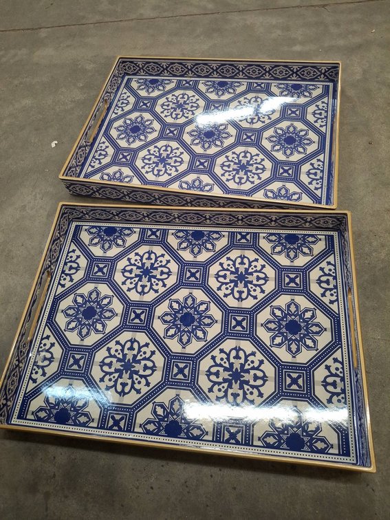 2 Blue and White Patterned Trays 12"×16"