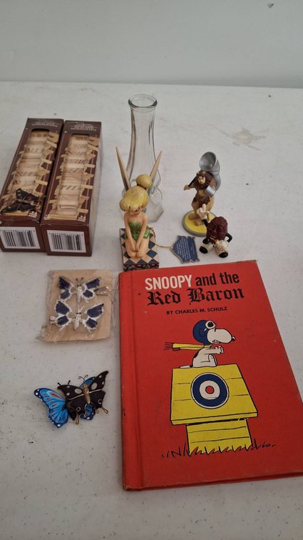 Snoopy Book, Tinker Bell Figure, Tumbling Towers