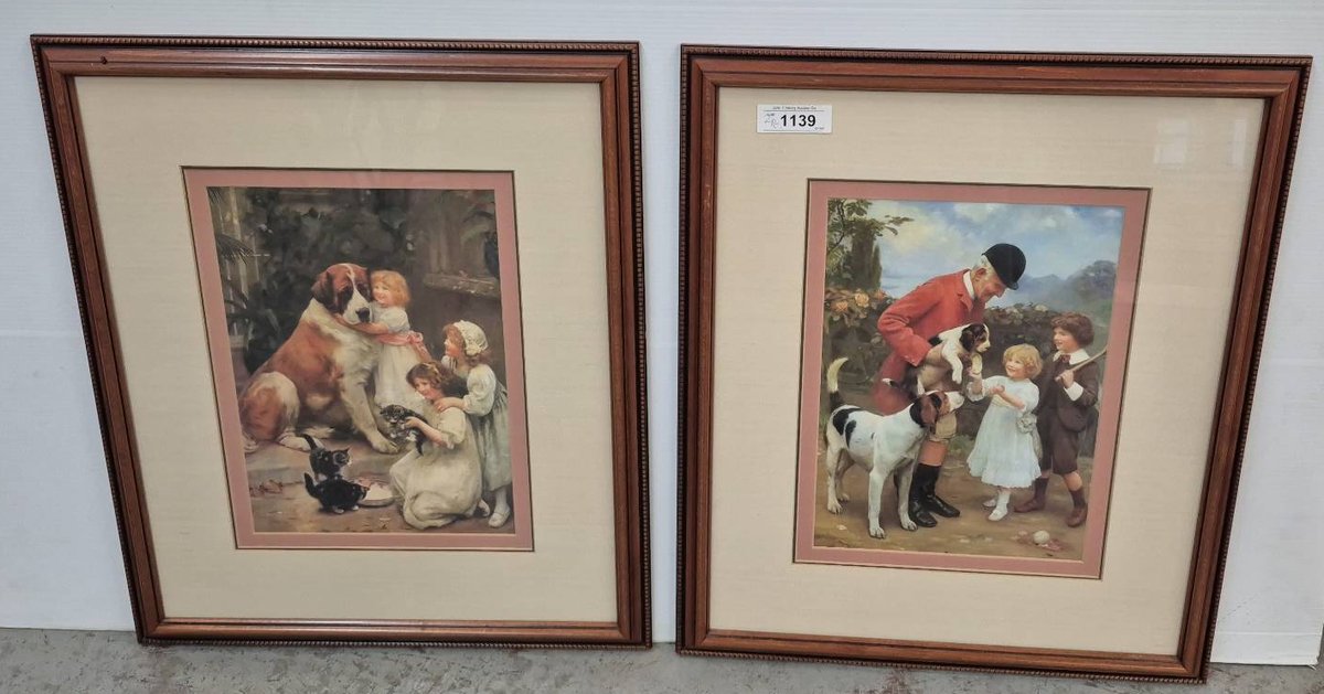Pair Framed Prints Children and Dogs 21x25 Inch