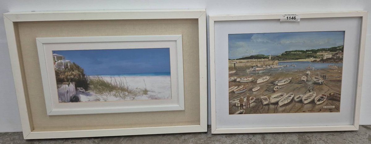 Pair Framed Beach and Harbor Scene Prints 26x18
