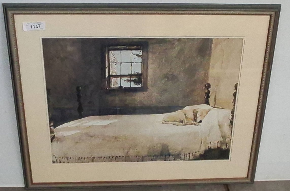 Framed Print of Dog on Bed, 33x26 Inches