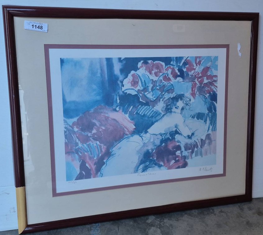 N Flint Signed Print, Figure of Flowers, Framed