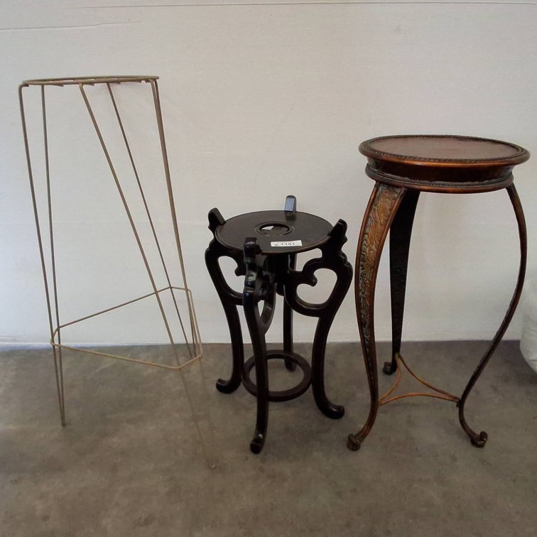Three Plant Stands: 2 Metal, 1 Wooden, 13x30