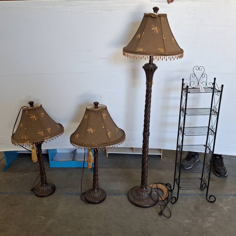 56" Floor Lamp, Two Table Lamps, Shelf Stand