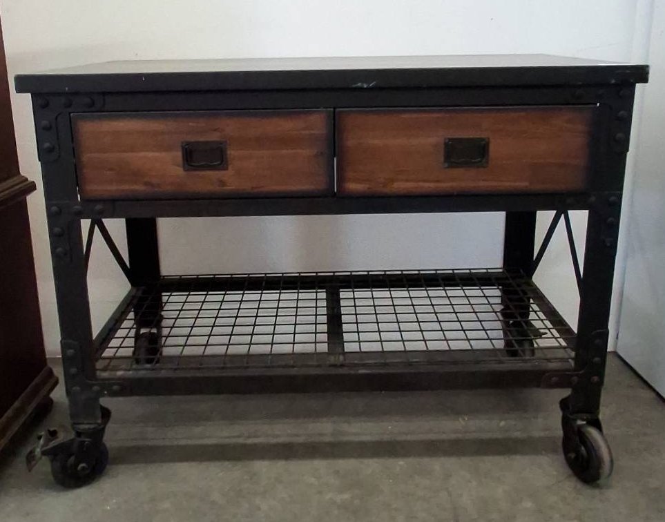 Metal and Wood Rolling Work Table with Drawers