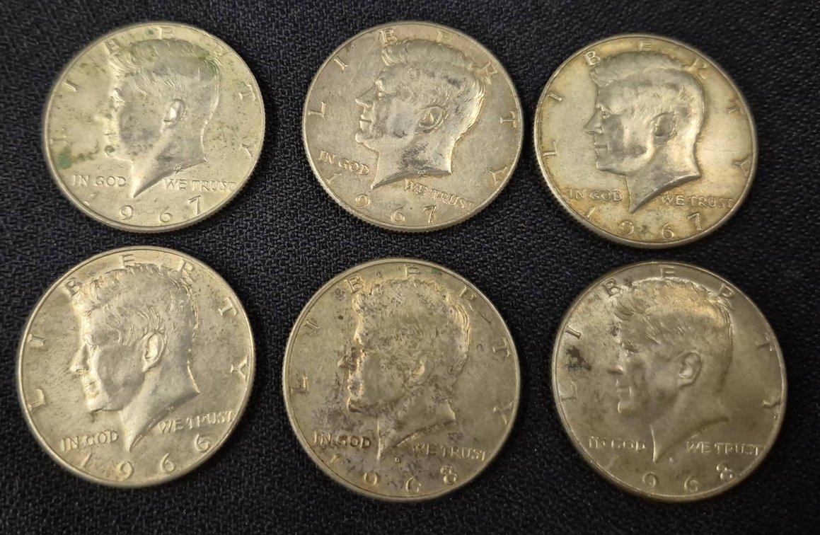 Six Kennedy Half Dollars 1966-1968 Assortment