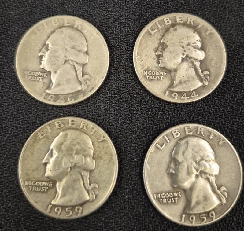 1944 1946 and 1959 Washington Quarters, 4 Coins