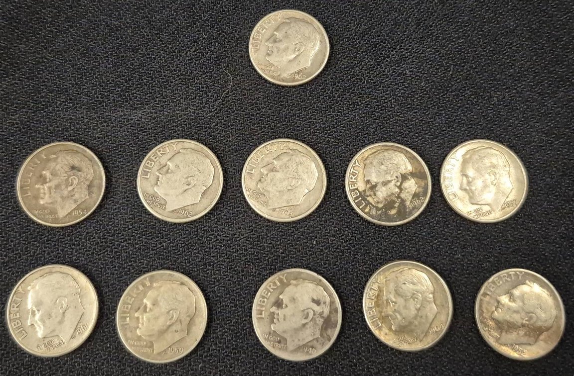 11 U.S. Silver Roosevelt Dimes, Pre-1965