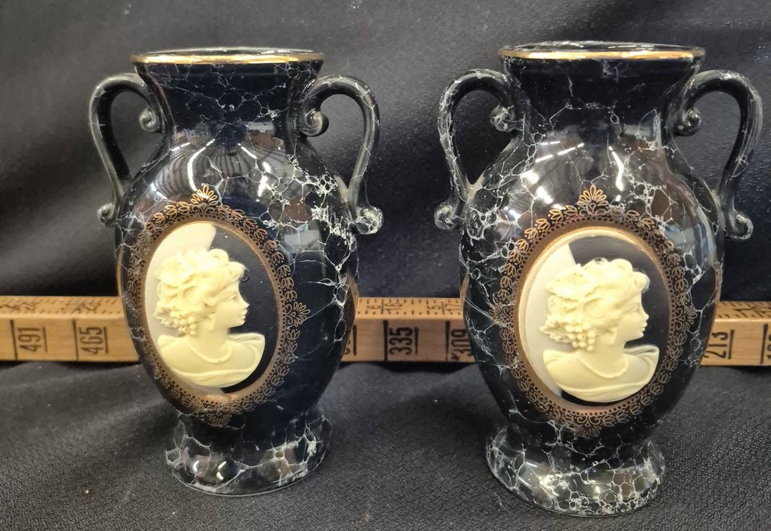 Pair Japan Black Cameo Decorated Vases