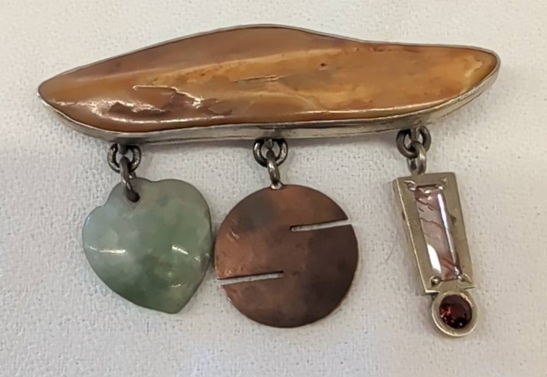 Antique Walrus Ivory Pin With Jade, Topaz, Garnet
