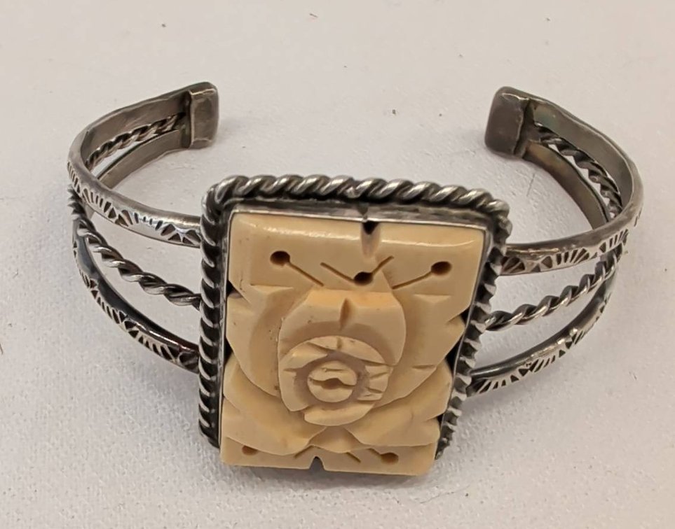 Sterling Silver Cuff Bracelet With Carved Rose