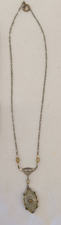 Antique Rhodium Necklace with Carved Glass