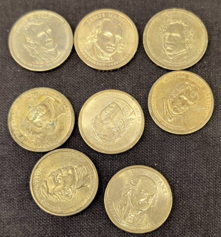 8 different Presidential One Dollar Coins