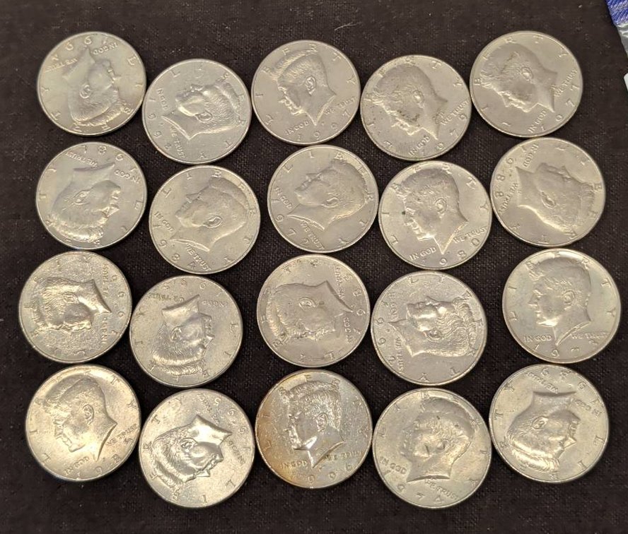 20 different date Kennedy Half Dollar Coins