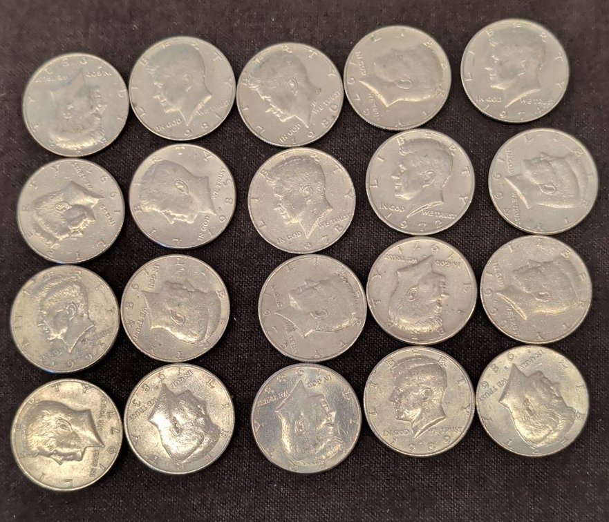 20 different date Kennedy Half Dollars, Assorted Dates