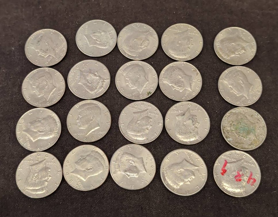 20 Kennedy Half Dollars, all different Dates