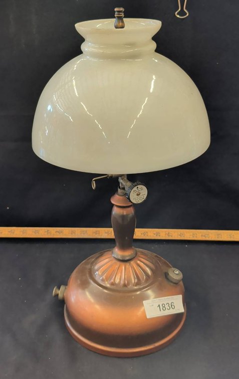 Antique Copper Table Lamp With White Glass Shade