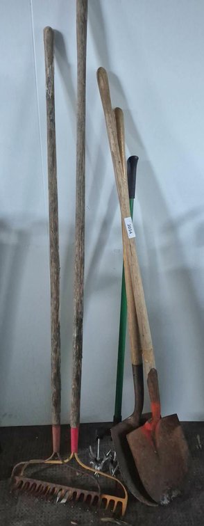 2 Rakes, Shovel, and Garden Cultivator