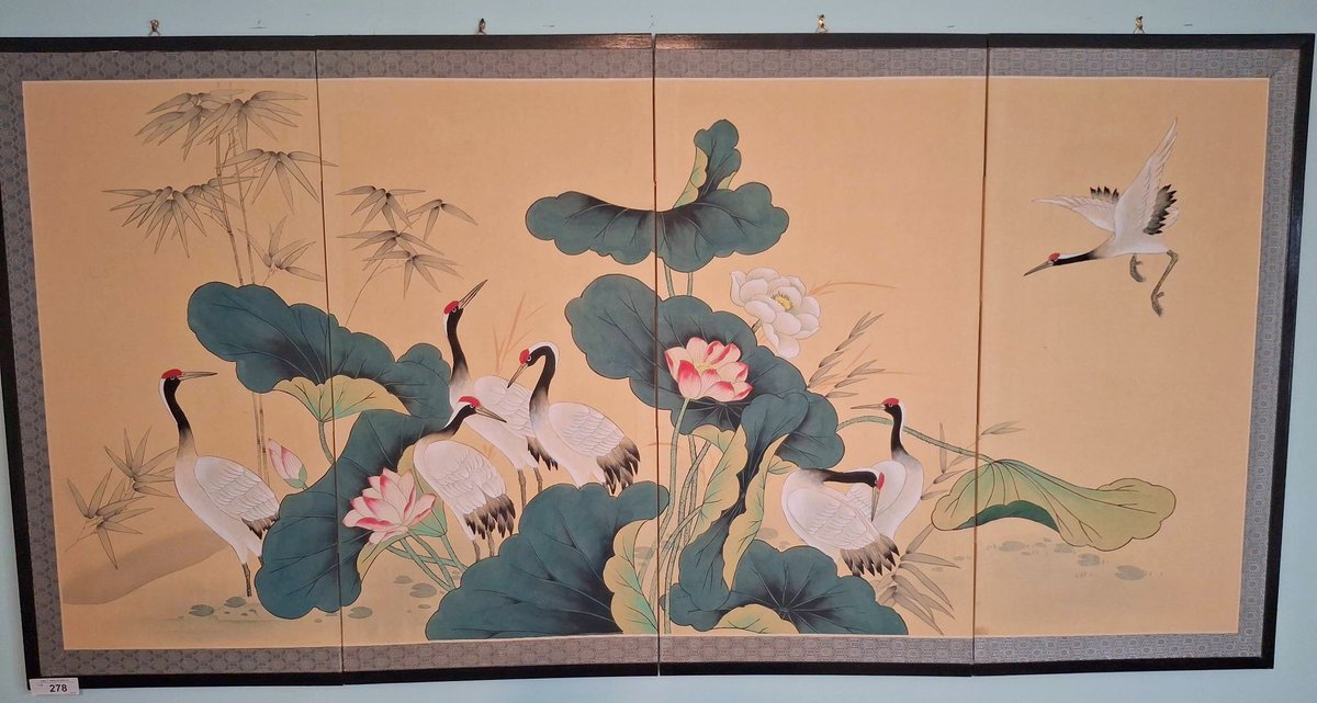 Framed Asian Crane and Lotus Painting 70"×35"