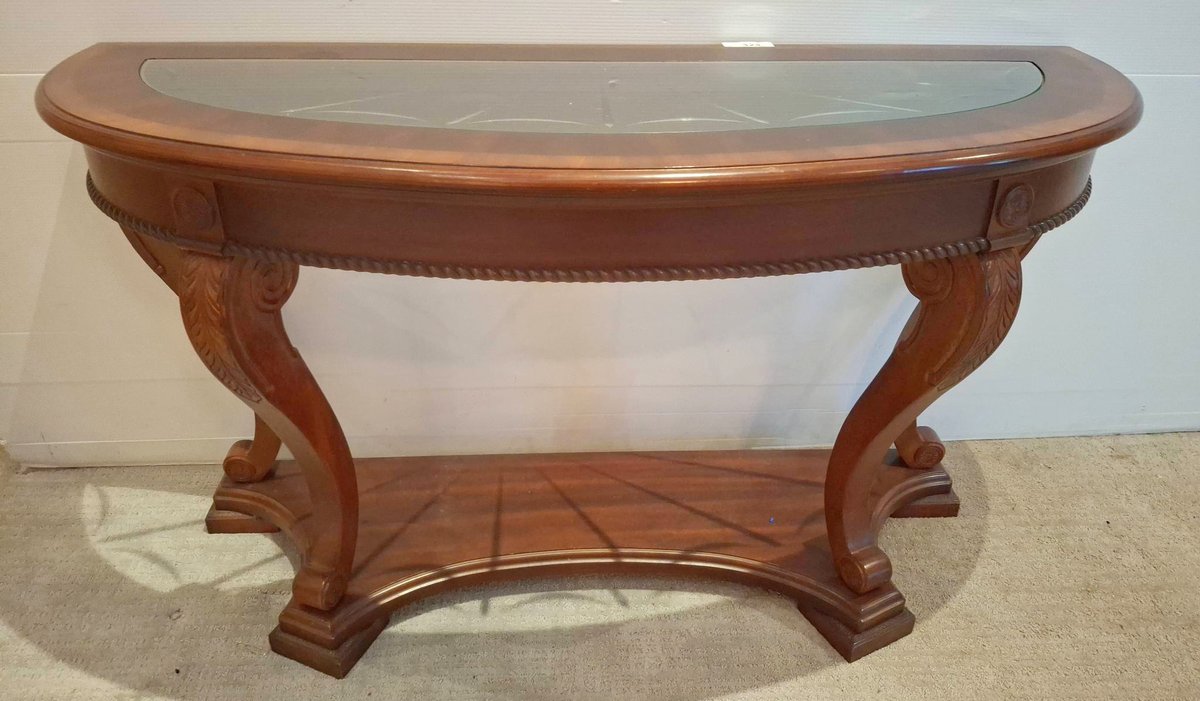 Wood and Glass Demilune Console Table 52"×20"×29"