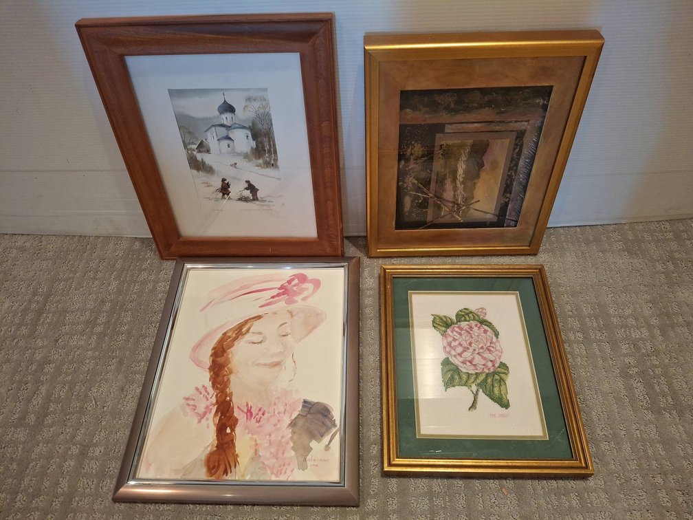 Framed Art Lot: Watercolors, Needlework, 13"×17"
