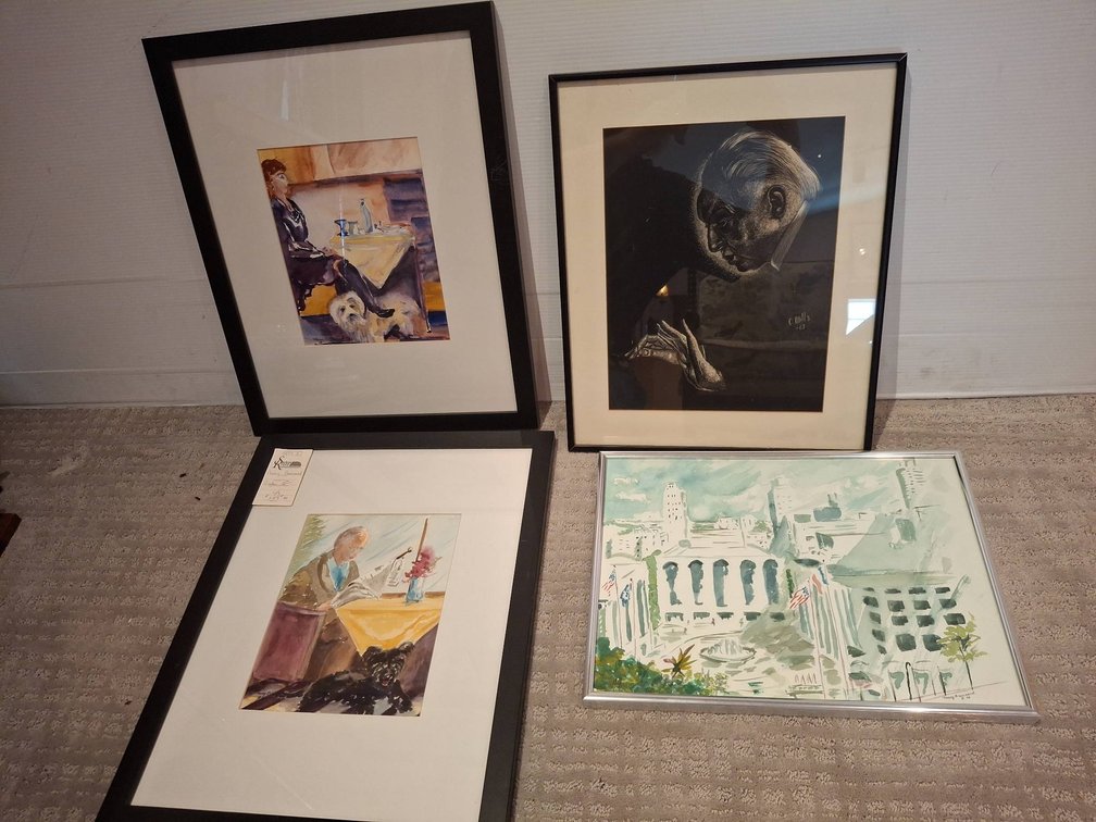 Four Framed Artworks, Watercolor and Print, 16"×20" biggest
