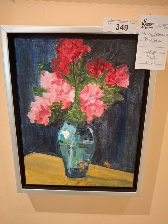 Nancy Brennan Blue Vase Acrylic Painting, 13x16"