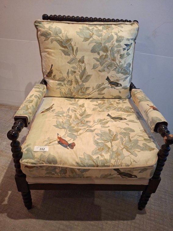 Upholstered Armchair, Bird Print, 29" Width shows wear and chew marks
