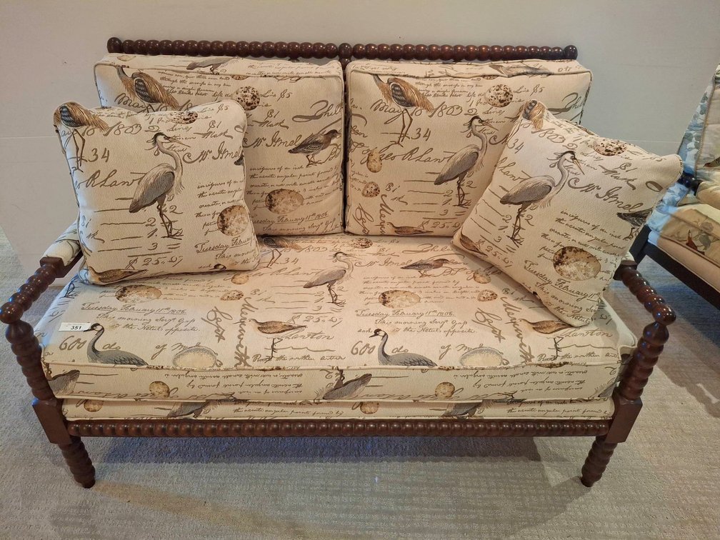 Upholstered Loveseat with Bird Script Print, 55"
