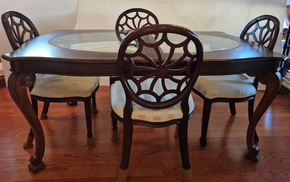 Wood Dining Table With Glass Top, 4 Chairs