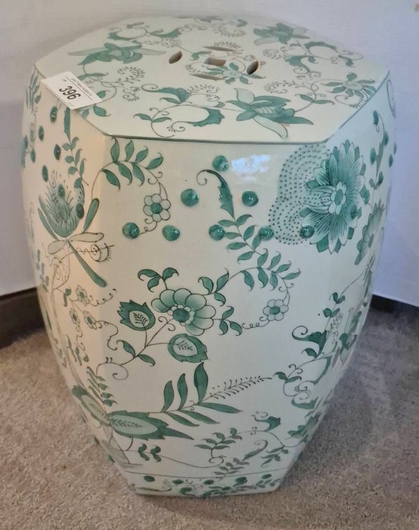 Porcelain Garden Stool With Green Floral Design