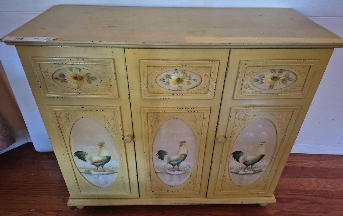 Yellow Painted Cabinet With Rooster Motif 36x15x31