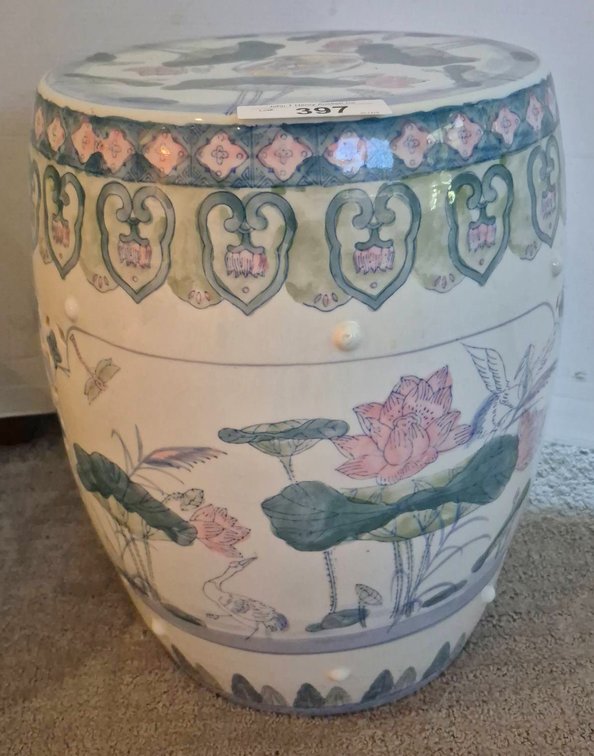 Porcelain Garden Stool With Lotus Motif 12x18