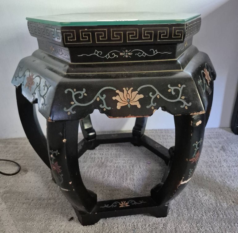 Hexagonal Painted Asian Side Table with Glass Top