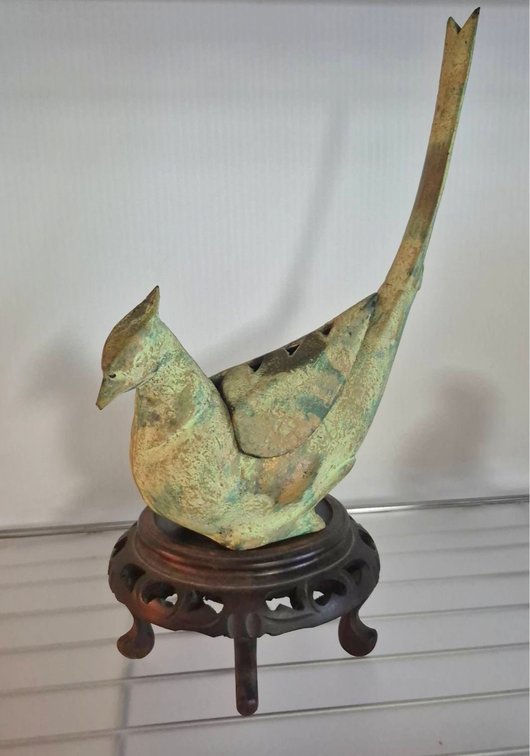 Cast Metal Bird Figure on Wood Stand, 8in Tall