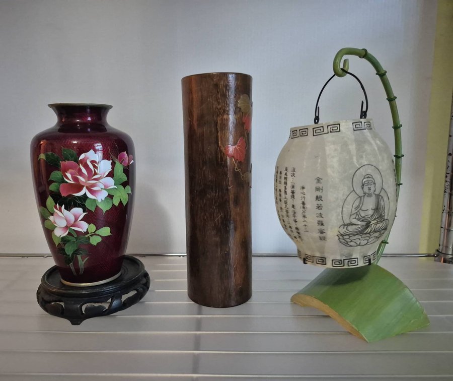 Asian Decorative Vase, Bamboo Holder, Lantern Trio