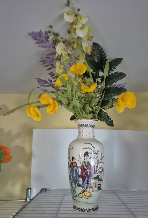 Ceramic Vase With Asian Motif, Artificial Flowers