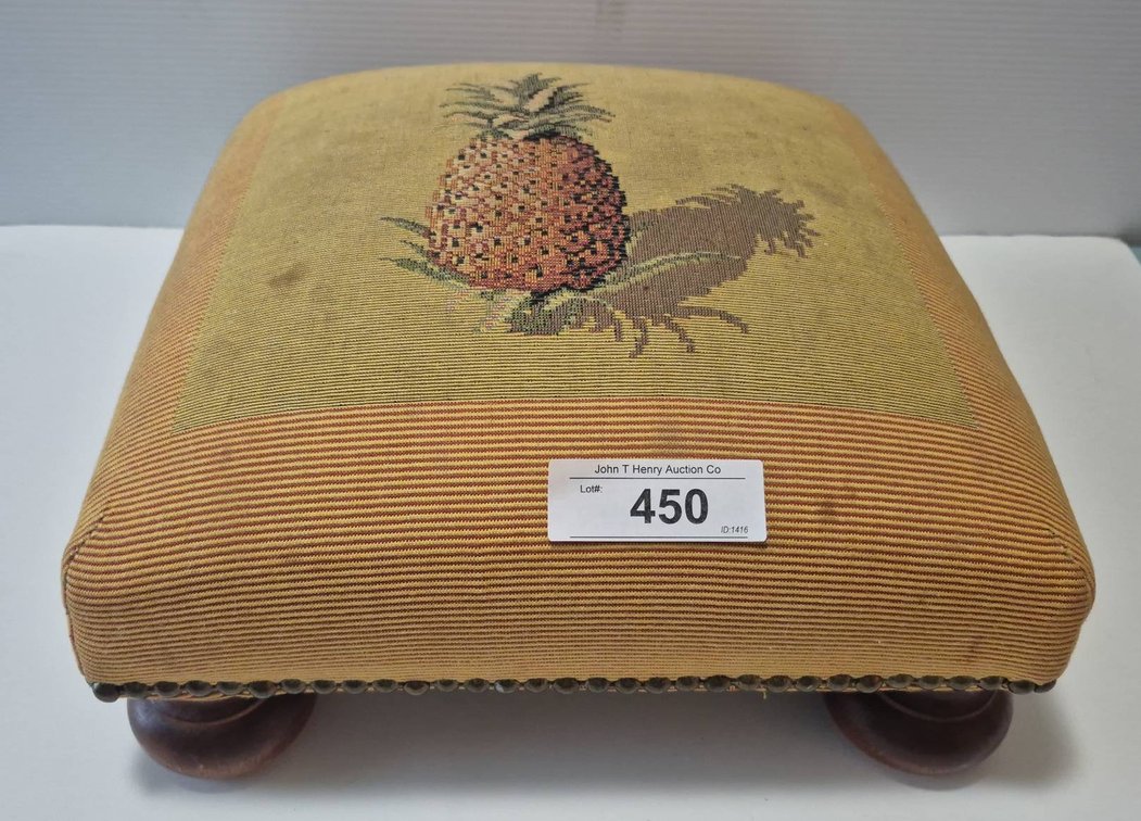 13x13 Pineapple Needlepoint Footstool, Wood Feet