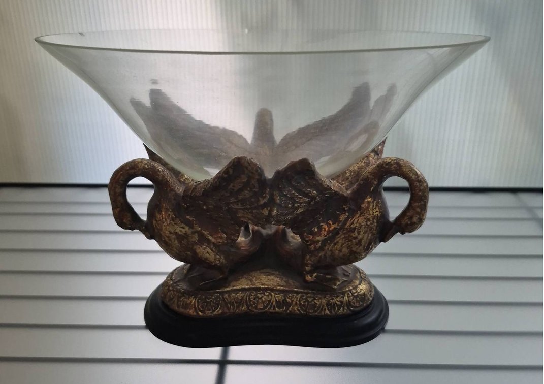 Glass Bowl With Dual Swan Motif Base