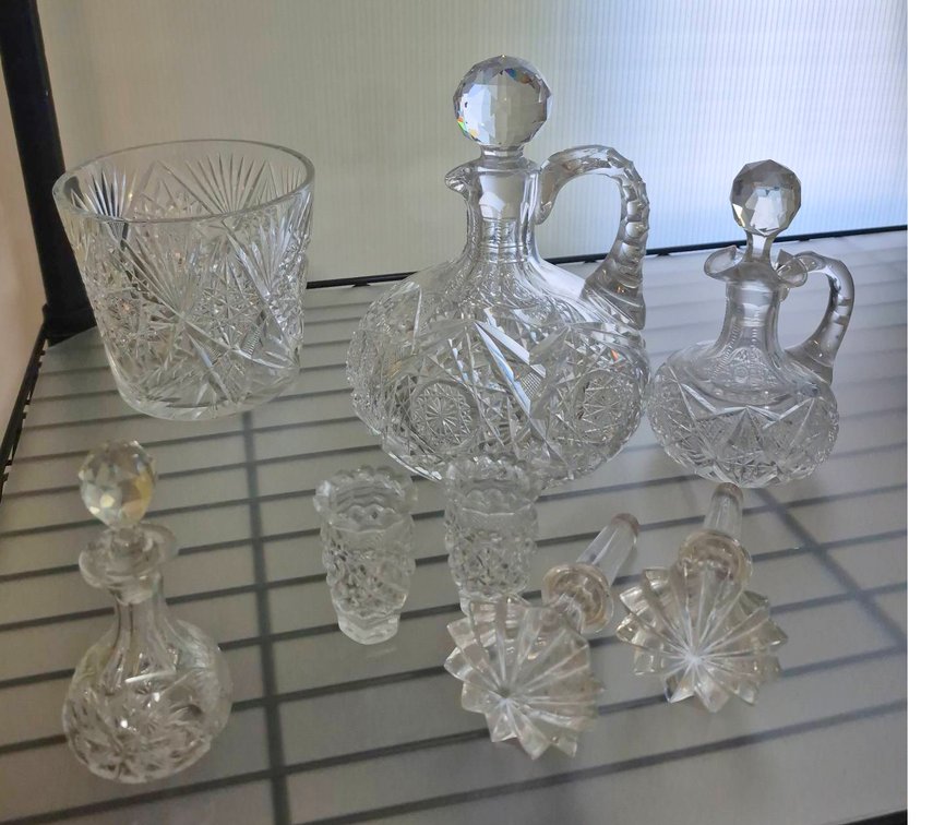 Cut Glass Crystal Decanters, Bowl, and Stoppers